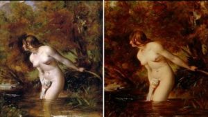 Встревоженная дуновением ветра купальщица «Мусидора» от английского живописца Уильяма Этти